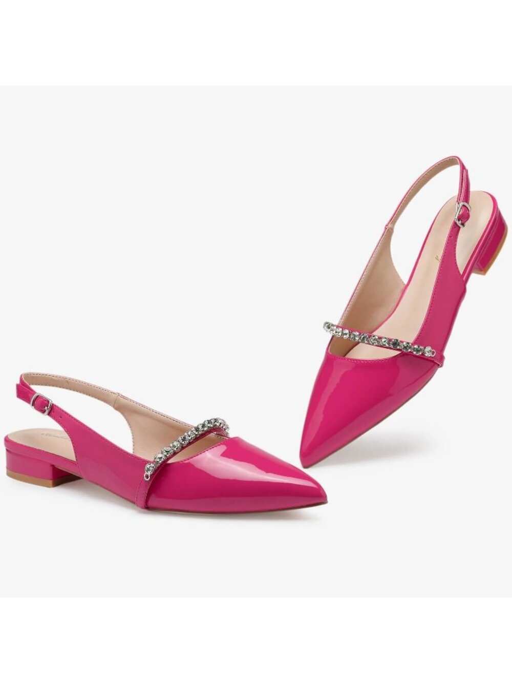Women's Slingback Flats with Rhinestone Pointed Toe Flats Hot Pink Dressy Shoes - Picture 4 of 6